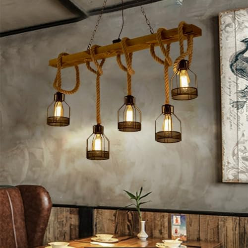JOJOM Vintage Pendelleuchte Holz Pendellampe Esstischlampe höhenverstellbar E27 Hängeleuchte Esszimmerleuchte Glaslampenschirm Landhaus Leuchte Esszimmer Wohnzimmer Bar Deko Lampe