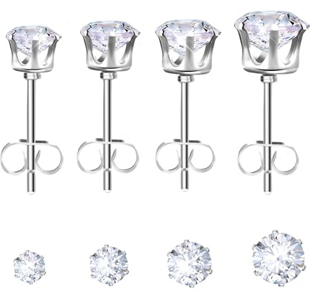 4 Pairs Cubic Zirconia Stud Earring Set Sleeper Cartilage Earrings | 3A Cubic Zirconia Earrings for Women Men, Size 3/4/5/6mm