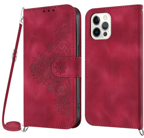 NETANY Funda para iPhone 12 Pro MAX con Cuerda, Flip Billetera Funda Tapa Libro PU Cuero con Ajustable Cordón,【2 Ranuras】【Magnética】,Funda para iPhone 12 Pro MAX (6,7 Pulgadas) (Rojo)