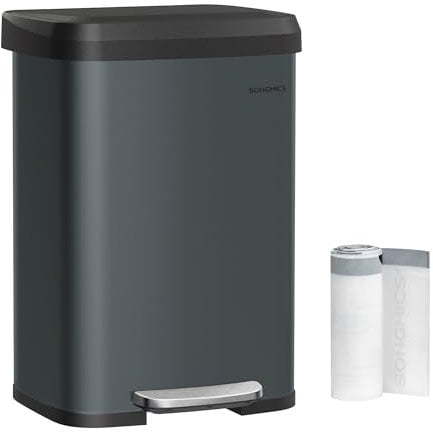 SONGMICS Cubo de Basura de Cocina, 50 L, Cubo de Basura de Metal con Pedal y Tapa, Alto y Grande, Gris Carbón y Negro LTB530G02