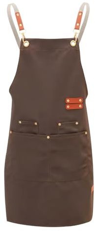 PTJJXA Delantal de Trabajo Hombre Mujer, Delantal de Barbacoa con 4 Bolsillos y Espalda Cruzadas, Delantal Cocina Camarero Unisex Impermeable, Delantales para Cafetería Jardinería Bricolaje (Marrón)