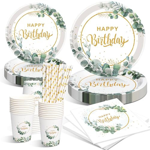 Puosike Sauge Thème Vaisselle Anniversaire Décoration, 100 Pièces Vert Vaisselles Jetables Anniversaire pour Déco Anniversaire Party Garçons Filles 20 Invités