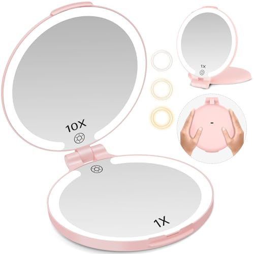 Famihomii Miroir de maquillage de voyage rechargeable avec lumières et miroir grossissant 10x, miroir de poche avec 3 couleurs luminosité réglable, idéal pour sac à main, cadeau pour filles