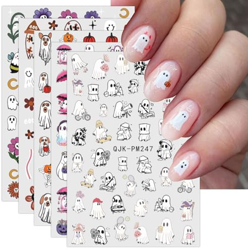 JMEOWIO 9 Sheets Halloween Nail Art Stickers Decals Self-Adhesive Cute Colorful Ghost Nail Supplies Nail Art Design Decoration Accessories