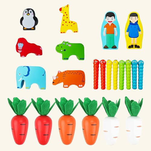 MIERINO Baby Kinder Montessori Spielzeug, 6-in-1 Bauernhof Holzpuzzles Holzspielzeug, Karotten Hand Auge Koordination Motorikspielzeug ab 1 2 3 4 Jahre altes Mädchen Jungen Geschenk