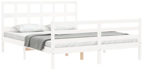 vidaXL Massivholzbett, Bett mit Kopfteil, Doppelbett Holzbett für Schlafzimmer, Bettrahmen Bettgestell mit Lattenrost, Weiß 160x200cm