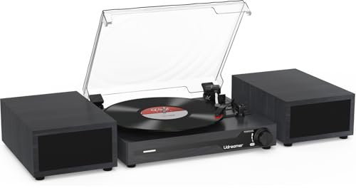 Udreamer Record Player with 2 Dual Stereo Speakers, Vintage Turntable Bluetooth 5.3 Supports 3 Speed, AUX-in, RCA Line, USB, Wireless Playback, Black