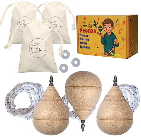 3 Kreisel für Kinder + Kreiselseil + Unterlegscheiben + Taschen | Kreisel aus Holz | Traditionelle Holztropfen | originelle Geschenke | Lernspielzeug ab 6 Jahren | Set mit 3 Kugelschreiberspitzen und