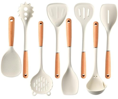 QATTBYI 8-piece Kitchen Utensil Set with Wooden Handles Silicone Cooking Utensils Spatula Set for Non-stick Pans Heat-Proof Kitchen Tools And Gadgets Set Bpa Free Dishwasher Safe