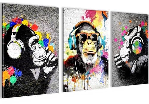 Novart Bilder Banksy Style Affe mit Kopfhörer - KOMPLETT AUFHÄNGFERTIG - Wohnzimmer Loft Flur - 3 Moderne Bilder Schwarz Weiss Bunt- N034536a