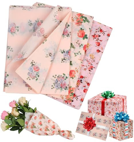 Floral Tissue Paper, 60 Sheets 19.65x13.78in Rose Pattern Gift Wrapping, Craft Tissue Paper for Mother's Day Gifts Packaging, DIY Art Crafts, Birthday Wedding Party Decor, Gift Bags Fill,Pink