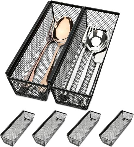 DIRXVMC Cutlery Drawer Organiser Cutlery Tray for Kitchen Utensils and Silverware Holder Cutlery Set Holder Spoons Forks Knives Holder Storage with Interlocking Arm (Black, 6 pack)
