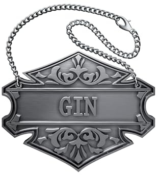 1PC Decorative Liquor Decanter Tag, 2.6 x 2 inches, Antique Silver, Gin Bottle Label with Adjustable Chain