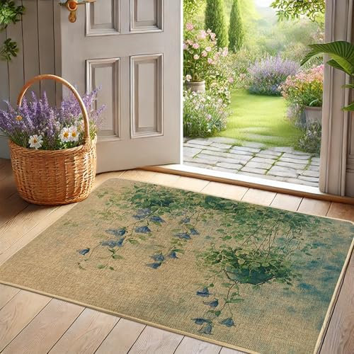 Fußmatte mit Blumenmotiv, Efeu, blau-grüne Ranken, Fußmatte für Außen- und Inneneingang, Herbstdekoration, Gummi, wasserdicht, rutschfest, staubabsorbierend, leicht zu reinigen, 73,2 x 43,2 cm