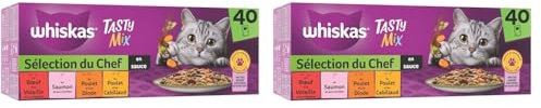 WHISKAS Repas pour Chat - 40 Sachets Fraîcheur - Tasty Mix Sélection du Chef (4 variétés) - Pâtée pour Chat Adulte en Sauce – Nourriture Humide Complète & Equilibrée (Lot de 2)