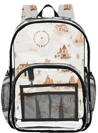 famyily Western Cowboy Boots Cowboy Vast Desert Clear Sac à dos pour lycée Sac à dos transparent pour lycée avec poche, Western Boho Cactus Attrape-rêves Petit Western Town, 1 size, Sacs à dos de jour