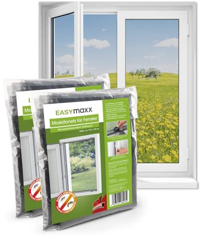 EASYmaxx Fliegengitter Fenster | Moskitonetz, Montage ohne Bohren | zuschneidbarer Insektenschutz Fenster bis 110 x 130 cm | Mückenschutz | Fliegennetz Klettband selbstklebend [2 Stück]