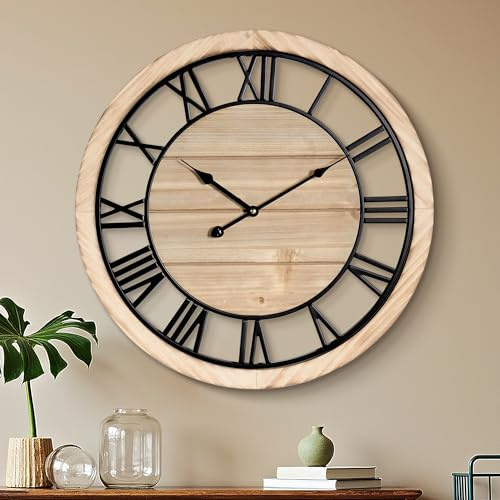 Maxstar Wanduhr Groß im Landhausstil, 76 cm Vintage Wanduhr Holz mit Metallrahmen, ohne Tickgeräusche für Schlafzimmer, Küche, Büro und Schule, mit römischen Ziffern