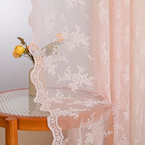 MYSKY HOME Gardinen Spitze Vorhänge mit Kräuselband Vintage Transparent | Lichtrosa,2er Set,H175 x B140 cm,Landhaus Gardine Boho,Blumen Bestickte Spitzengardinen,Modern Dekoschal für Wohnzimmer