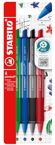 STABILO pointball colorful - Ballpoint Pen | Pack of 4 - Dark Grey, Mint Green, Rust Red and Ultramarine