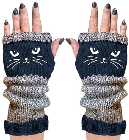 Gestrickte fingerlose Handschuhe, Katzen-Stickerei, wärmendes Zubehör für den Außenbereich, warme Handschuhe mit offenen Fingern für Damen und Mädchen, weiches, dehnbares Acrylmaterial, modisches
