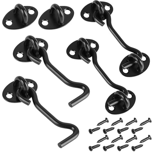 Yaunming Pack of 4 3 inch storm hooks, wind hooks, deadbolt lock, stainless steel with holes, rust and strength resistant design, with 16 screws, for garages, barns, doors and windows (black)