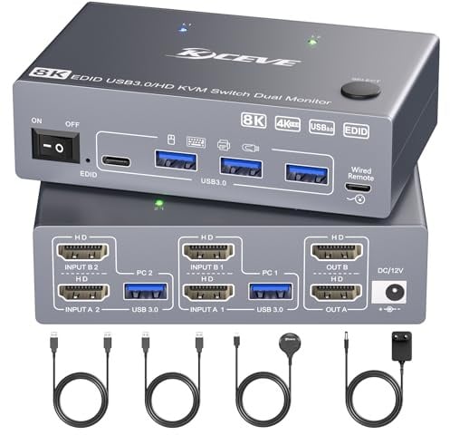 YOUTINGHDAV USB 3.0 HDMI KVM Switch 2 PC 2 Monitore mit EDID | 8K@60Hz & 4K@144Hz, Dual Monitor KVM Switch Share Tastatur Maus, 4 USB 3.0 Ports, Wired Remote(8K HDMI 2 in 2 out KVM)