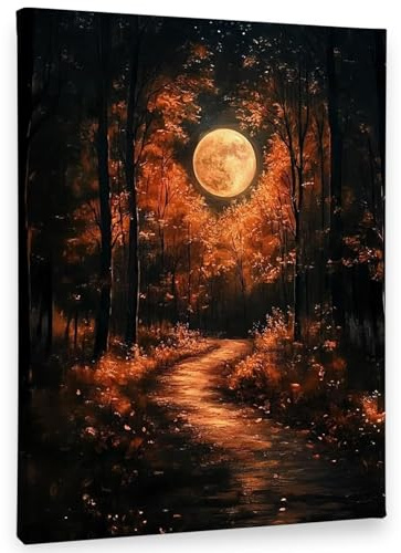 VWWJCCRO Autumn Night Forest Wall Art, Gothic Moonlit Landscape Canvas Poster, Mysterious & Serene Decor for Home, Perfect for Fall & Halloween(Framed,16x24inch(40x60cm))