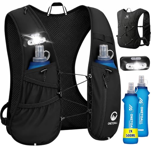 ONETOALL Laufweste Damen & Herren mit Zwei 500ml Trinkflaschen, Verstellbare Running Vest mit Lauflicht für bessere Sichtbarkeit, Atmungsaktiver Laufrucksack Trinkrucksack für Laufen Wandern Joggen