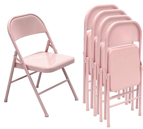EcoBend Vollstahl-Klappstuhl 4er Set, Schwerlast-Metallklappstuhl, Ergonomische Rückenlehne, Leicht & platzsparend, Tragfähigkeit 150 kg, Tragbarer Stuhl für Zuhause, Büro, Party, Hochzeit (4, Rosa)