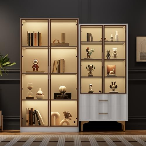 kowdom Wohnzimmer Set Glasvitrine mit LED, Standvitrine 80x40x160cm + Vitrine mit Beinen 70x35x150cm, Highboard Sideboard Kombination, Weiß