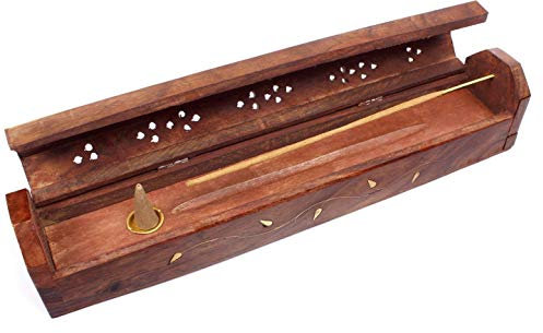 Räucherbox Rauchverteiler Räucherkasten Räuchersarg Räucherkiste mit Messing Ornamenten, für Räucherstäbchen und Räucherkegel geeignet, verwendbar als Räuchergefäß oder Räucherkasten