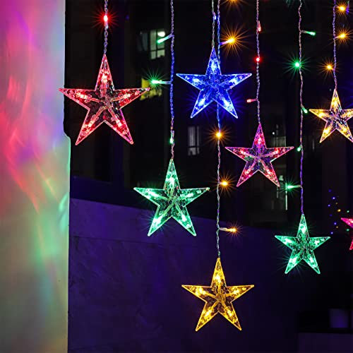 BLOOMWIN Lichtervorhang Stern Lichterkettenvorhang USB 3x0,65M 120LEDs 8Modi Stimmungslichter Weihnachtsbeleuchtung für Fenster Tür Innen Sternenvorhang Bunt