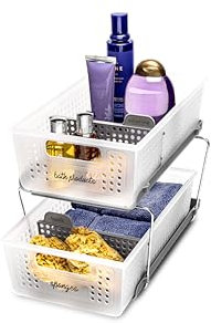 madesmart 2-Tier Plastic Multipurpose Organizer with Divided Slide-Out Storage Bins, Under Sink and Cabinet Organizer Rack, Frost