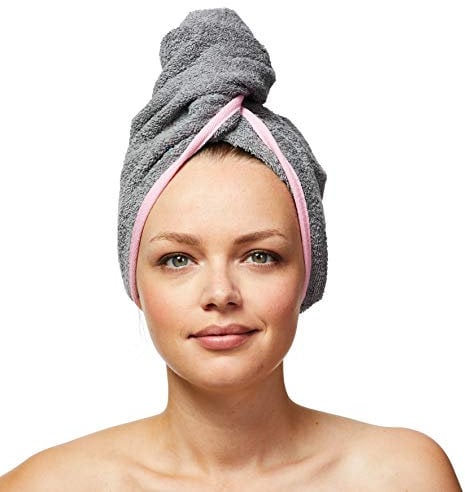 Sowel® Haarturban aus 100% Bio-Baumwolle, Turban Handtuch mit Knopf, Damen und Herren, Grau/Pink