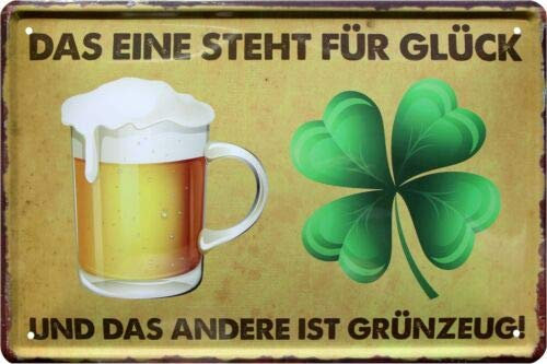 WOGEKA ART Retro Blechschild - Bier und Glück - witziger Spruch als Geschenk-Idee zum Geburtstag Weihnachten zur Dekoration 20x30 cm Vintage-Design aus Metall 250