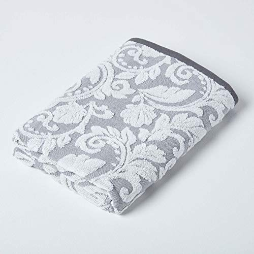 HOMESCAPES Luxury Silver Grey Bath Towel 100% Turkish Cotton Patterned Large Towel Super Soft & Absorbent Extra Thick 600GSM Ringspun Light Grey Towel For Bathroom with Damask Pattern