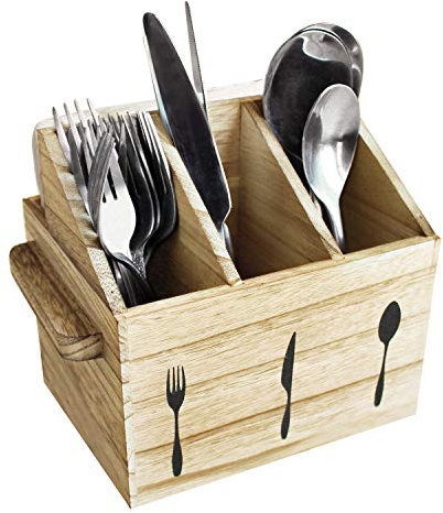 Ikee Design Besteckkorb aus Holz mit Griffen, Besteckbehälter, Gabel- und Löffelhalter, Besteckhalter, Outdoor-Utensilienhalter, Besteck-Organizer, Picknick-Besteckhalter, Eichenfarbe