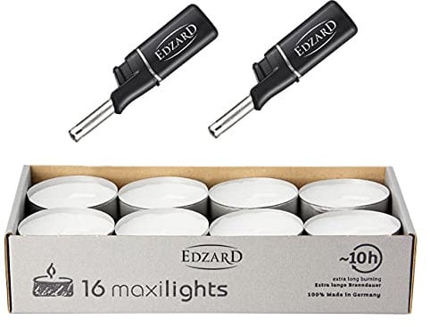 EDZARD Wenzel Maxilights - Confezione da 16 lumini maxi in alluminio, colore bianco, diametro 58 mm, altezza 22 mm, senza profumo, più 2 mini accendini da 11 cm