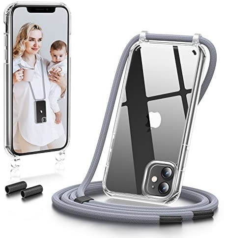 GOODVISH Funda con Cuerda para iPhone 11 6.1'', A Prueba de choques Carcasa Transparente TPU, Case con Correa Colgante Ajustable Collar Correa de Cuello Cadena Cordón - Gris
