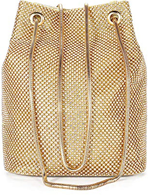 Rhinestone Evening Party Bags for Women Sparkly Gold Clutch Crystal Bucket Purse Wedding Purses Wallet Fancy Desinger Handbags Bing Glitter Shoulder Bags for Cocktail Prom Night Out Small Tote Bag