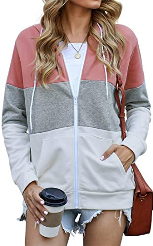 EUDOLAH Felpa di Blocchi Donna di Colore con Cappuccio e Zipper Cappotto Casual Ragazza Autunno Primavera S,Rosa 1