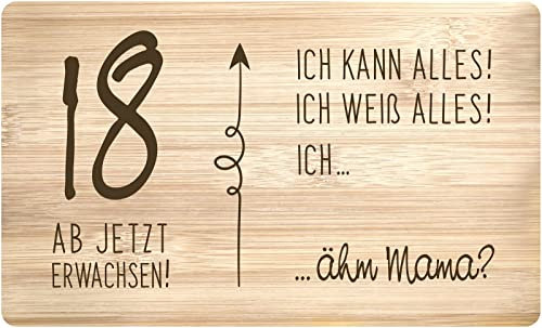 Tassenbrennerei Frühstücksbrettchen - 18 ab jetzt erwachsen - Geschenk zum Geburtstag - Echtholz Made in Germany - Brettchen lustig Geburtstagsgeschenk
