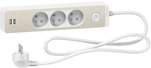 Schneider Electric - Odace - Rallonge multiprises 3 prises 2P+T - blanche/bois - 2USB - 1,5m - ST933U1WC
