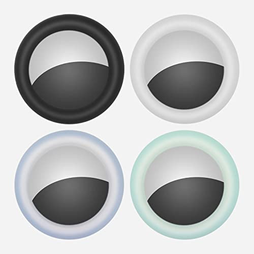 KOKOKA Protective Case Compatible with Airtag Holder, Airtag Sticker Case Cover Keyring Silicone Case for TV Remote Keys Bags Luggage Wallets Bikes iPad, Black/White/Blue/Green, 4 Pack