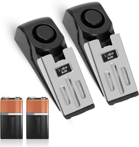 2 Pack Portable Door Stop Alarm Wedge Stopper PLUS 9V Battery Security alert doorstop rubber, Adjustable Sensitivity Lightweight Small Size easy to carry safety tool Loud 120db siren Home Hotel Travel
