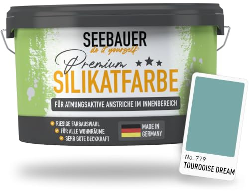 SEEBAUER diy Silikatfarbe Türkis 5L für Innen (No. 779 Tourqoise Dream) Atmungsaktive Mineralfarbe für Allergiker - Abwaschbare Wandfarbe - Türkistöne hohe Deckkraft