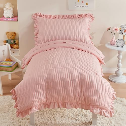 Cozyholy Set di biancheria da letto per bambine in tessuto seersucker, 4 pezzi, rosa con volant, leggero, include piumone, lenzuolo piatto, lenzuolo con angoli, federa