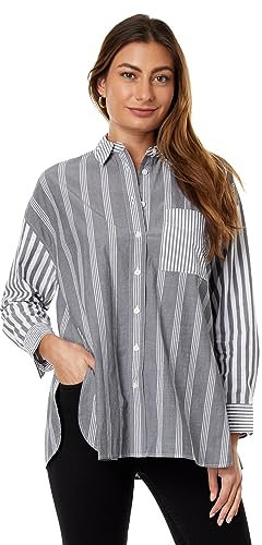 Madewell Langärmeliges Oversize-Hemd mit aufgesetzter Tasche - Streifenpopeline, Bayside Stripe Black Coal, XX-Small