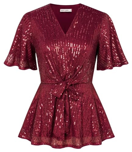 GRACE KARIN Wine Sequin Tops Short Sleeve V Neck Oversized Winter Party Dressy Glitter Ladies Top Shirt L